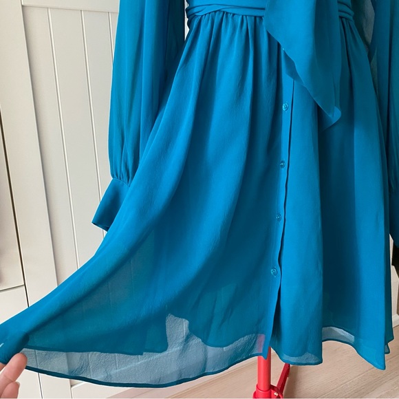 Rachel Zoe Mini Dress, Bow, 100% Silk, Flowy, Button-Down, Teal, Women’s (US M) - Picture 5 of 14